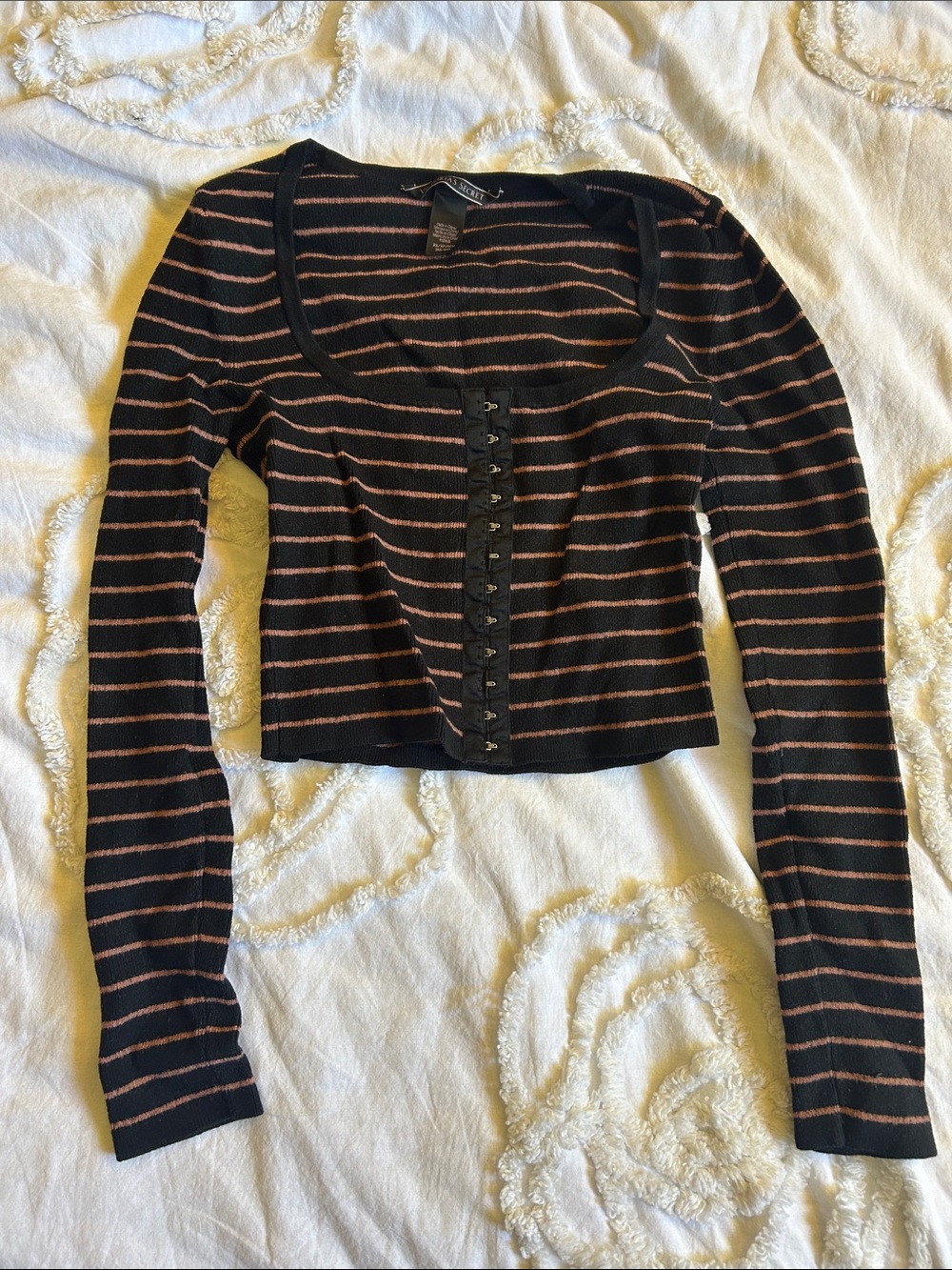 Victoria's Secret Black & Pink Striped Hook-Front Crop Top